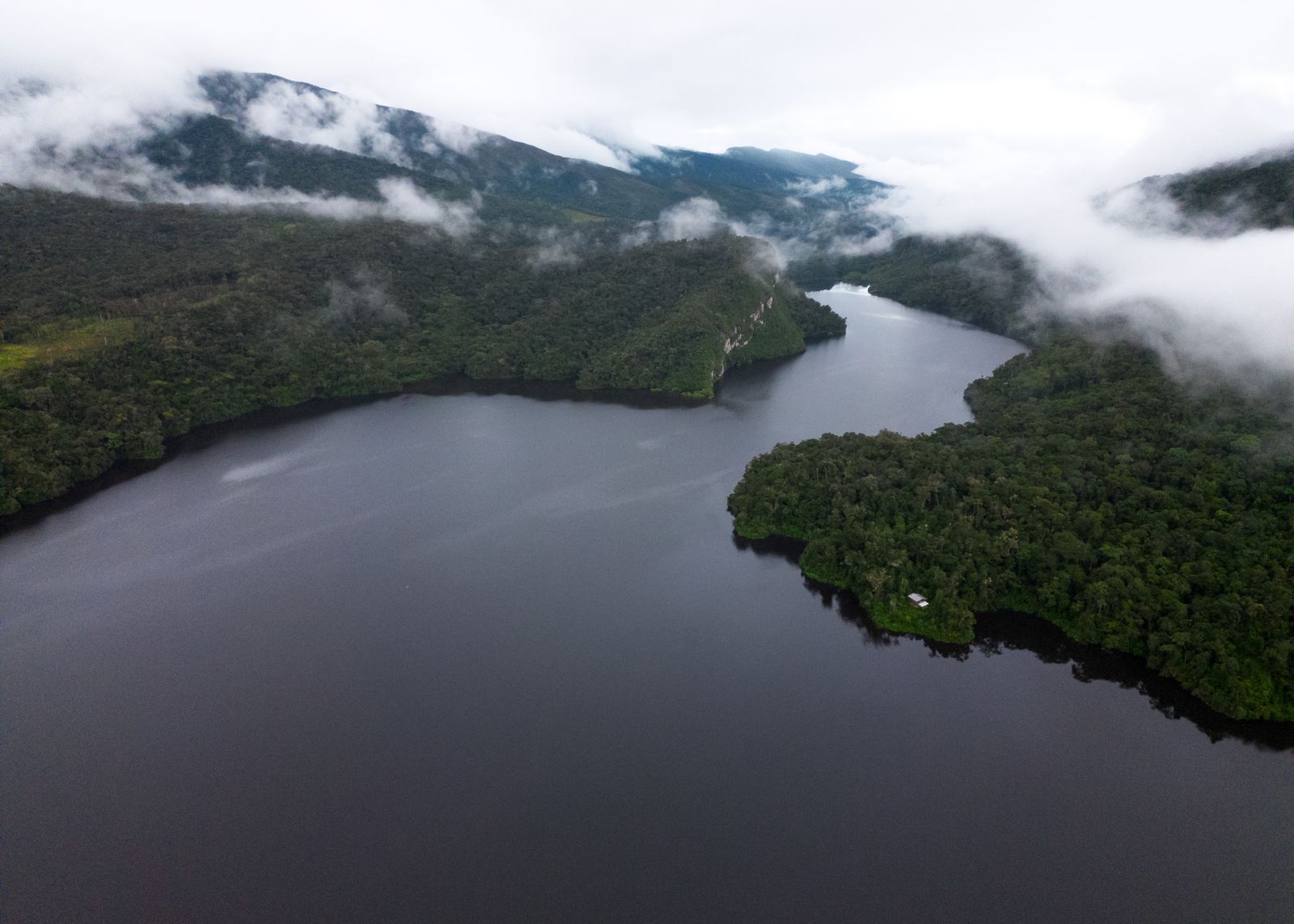Vista aérea del río Amazonas atravesando la selva en Amazonas, Perú